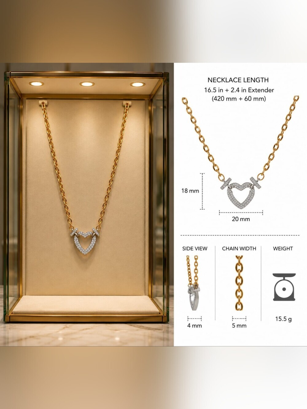 Gold-Tone Chain Necklace with Crystal Heart Pendant - Picture 3 of 6